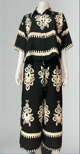 Cotton Casual Print Collar Down Crop Shirt With Loose Pants